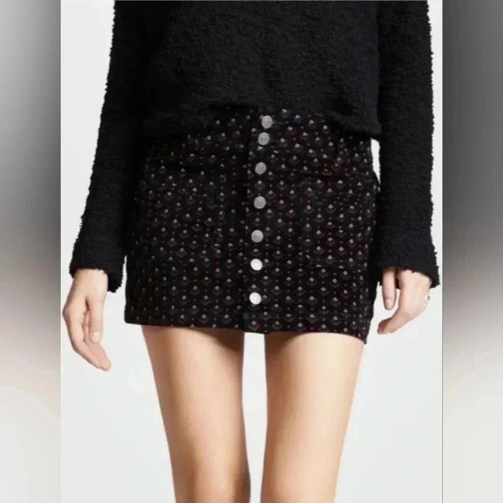 Free People Mini Skirt Button Front Corduroy Print Black Red Size 26